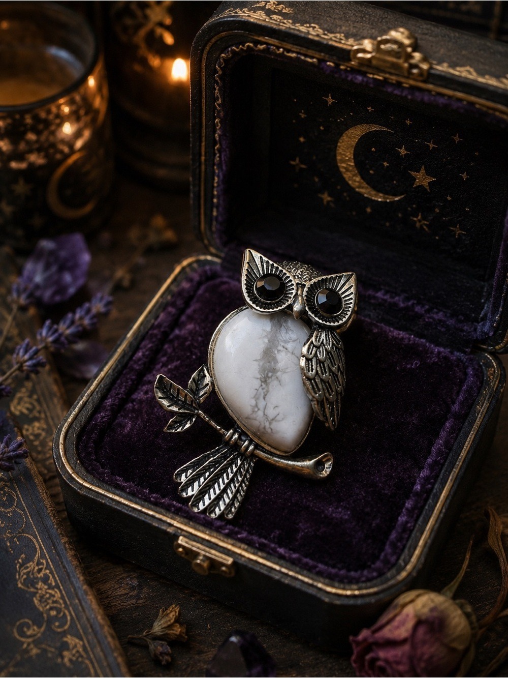 Howlite Stone Silver Tone and Owl 🦉 Pendant Necklace NEW in Box